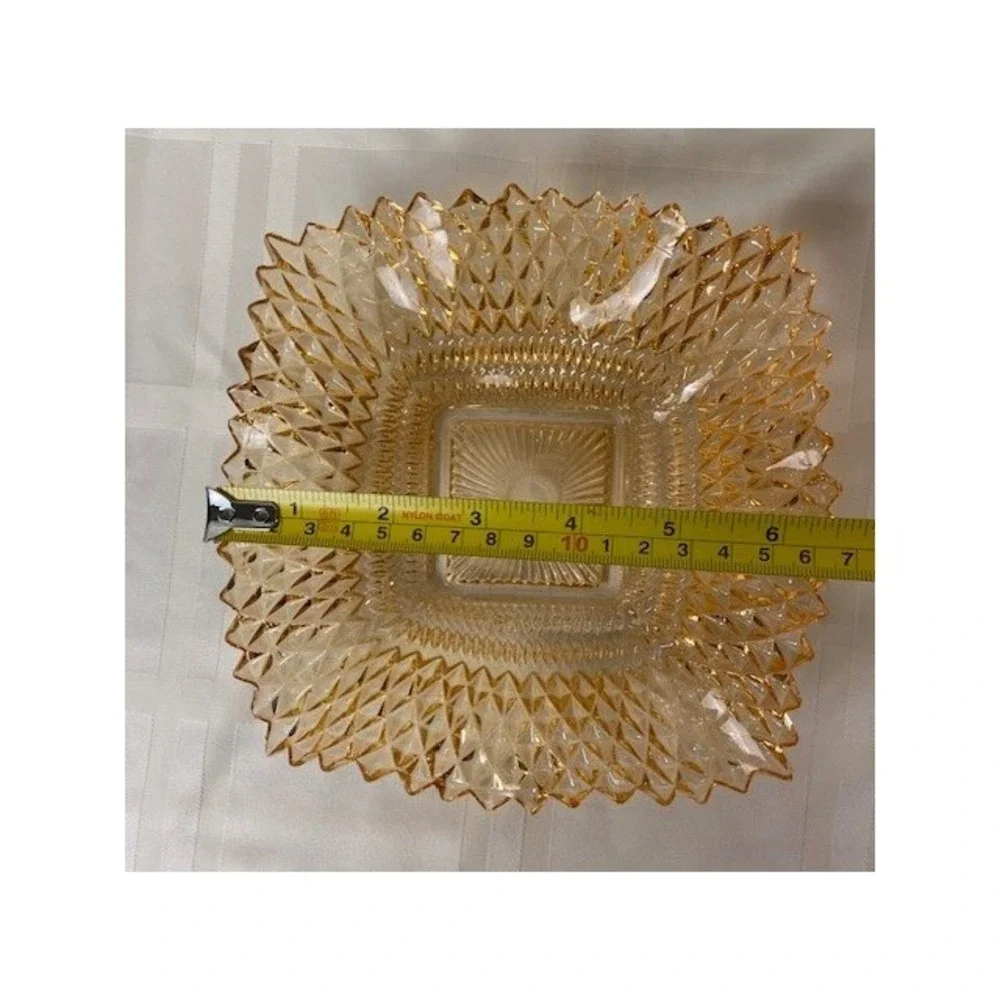Vintage Amber Marigold Carnival Glass Square Bowl Diamond Point Sawtooth 6.75